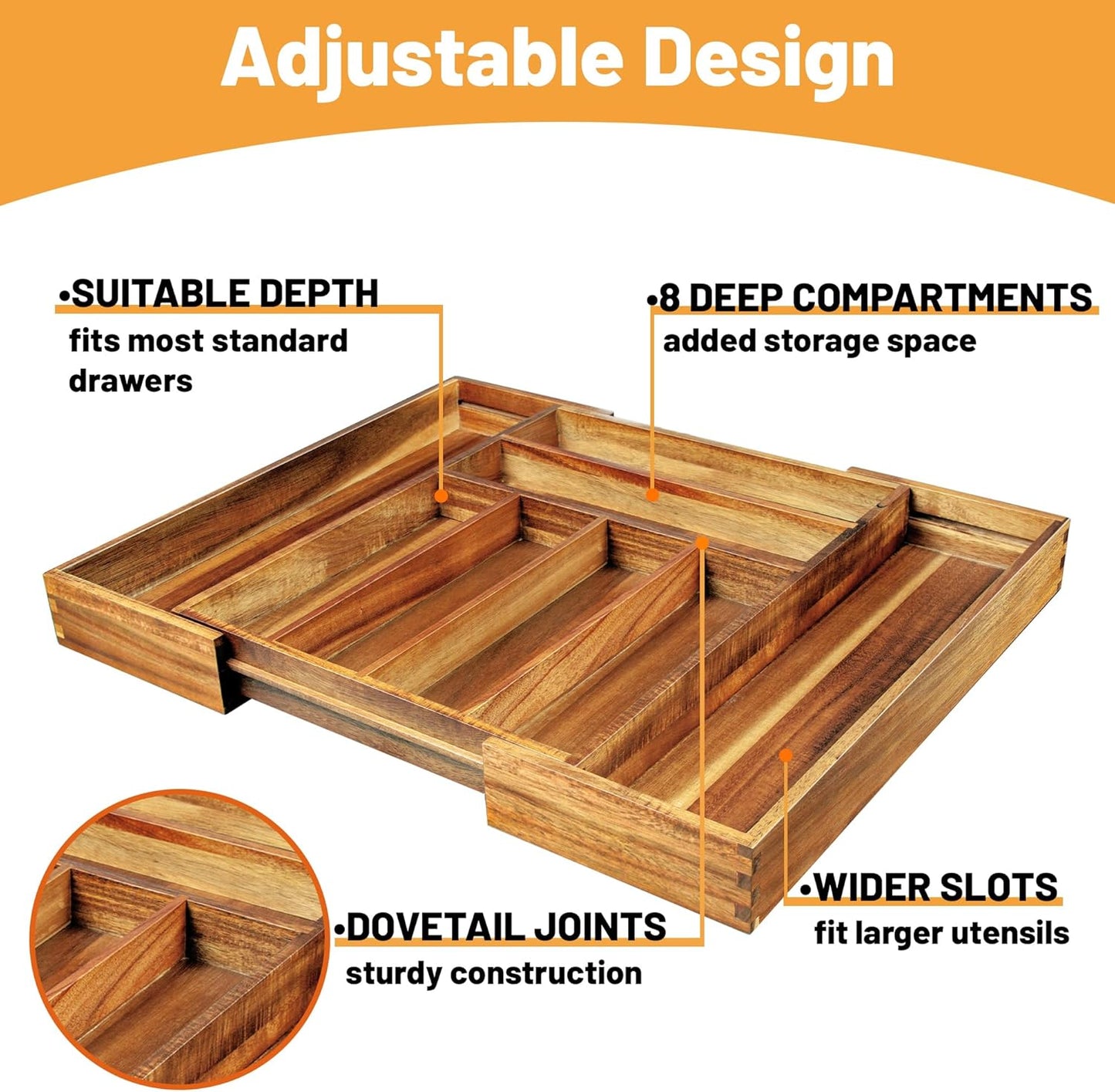 Acacia Wood Silverware Organizer, Kitchen Utensil Drawer Organizer for Forks, Knives & Spoons, 5-Compartment Cutlery Tray, Flatware Holder