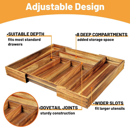 Acacia Wood Silverware Organizer, Kitchen Utensil Drawer Organizer for Forks, Knives & Spoons, 5-Compartment Cutlery Tray, Flatware Holder