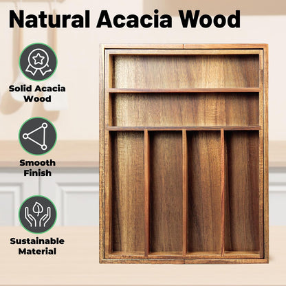 Acacia Wood Silverware Organizer, Kitchen Utensil Drawer Organizer for Forks, Knives & Spoons, 5-Compartment Cutlery Tray, Flatware Holder