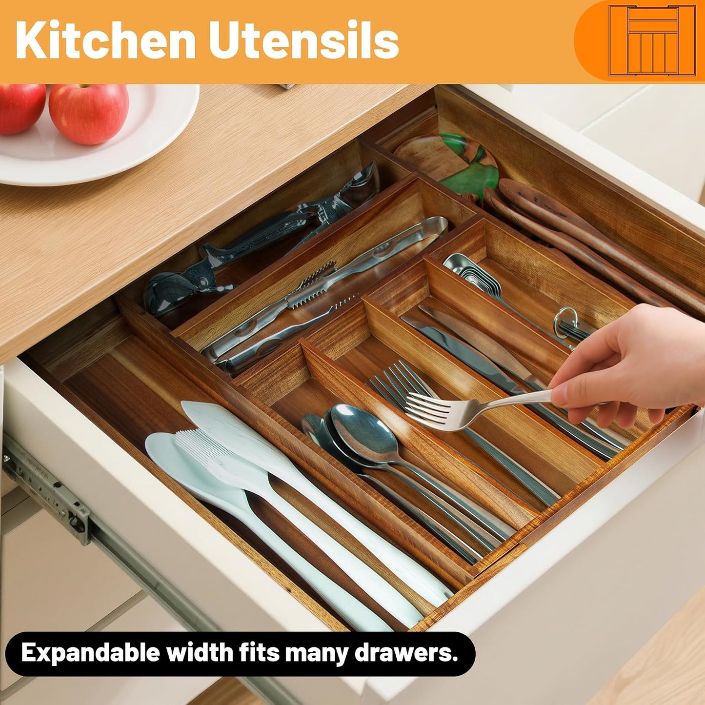 Acacia Wood Silverware Organizer, Kitchen Utensil Drawer Organizer for Forks, Knives & Spoons, 5-Compartment Cutlery Tray, Flatware Holder