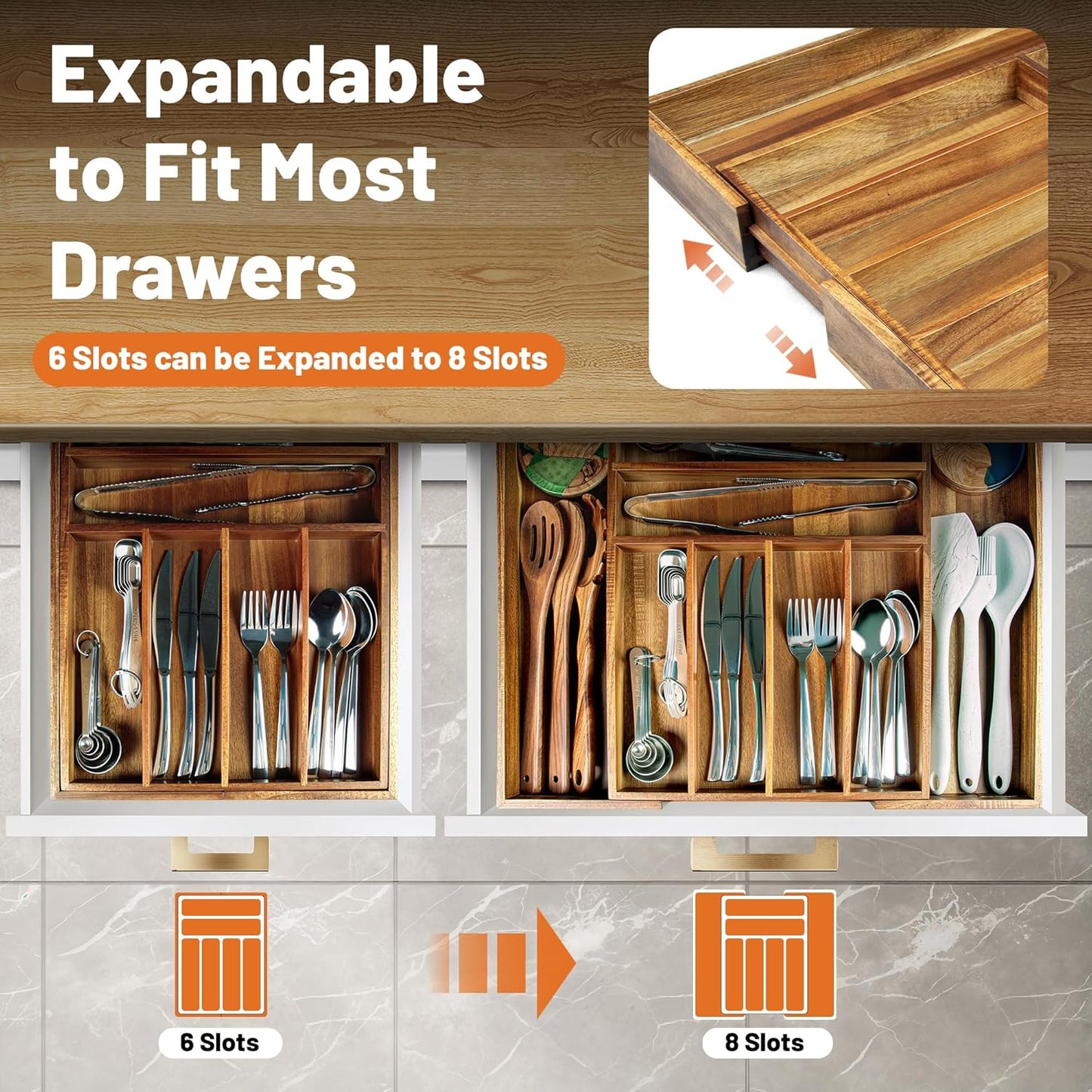 Acacia Wood Silverware Organizer, Kitchen Utensil Drawer Organizer for Forks, Knives & Spoons, 5-Compartment Cutlery Tray, Flatware Holder