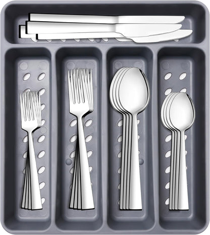 21 Pcs Kitchen Silverware Set with Organizer Tray Fork Spoon Knife Sets | Stainless Steel Cutlery Heavy Duty Silverware Set for 4 Flatware Tableware Eating Utensils Sets Forks Knives and Spoons Set