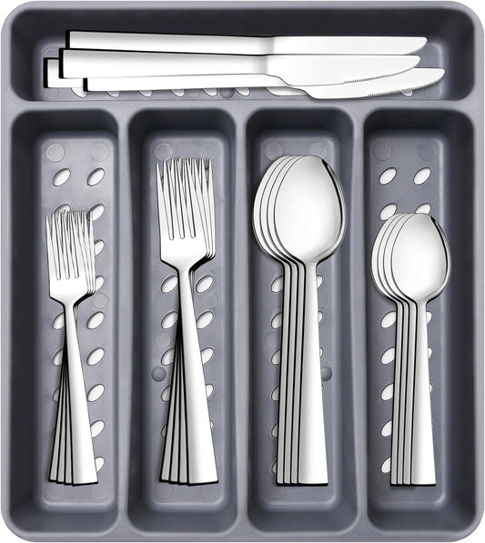 21 Pcs Kitchen Silverware Set with Organizer Tray Fork Spoon Knife Sets | Stainless Steel Cutlery Heavy Duty Silverware Set for 4 Flatware Tableware Eating Utensils Sets Forks Knives and Spoons Set