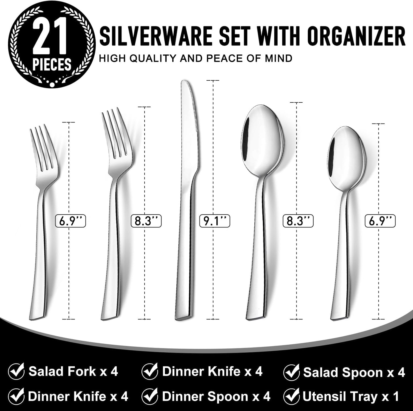 21 Pcs Kitchen Silverware Set with Organizer Tray Fork Spoon Knife Sets | Stainless Steel Cutlery Heavy Duty Silverware Set for 4 Flatware Tableware Eating Utensils Sets Forks Knives and Spoons Set