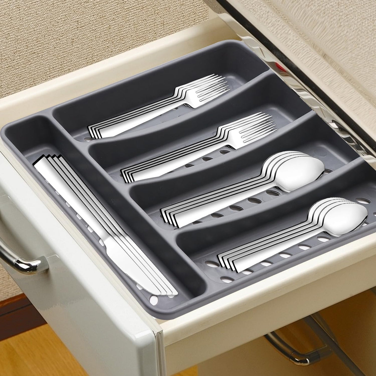 21 Pcs Kitchen Silverware Set with Organizer Tray Fork Spoon Knife Sets | Stainless Steel Cutlery Heavy Duty Silverware Set for 4 Flatware Tableware Eating Utensils Sets Forks Knives and Spoons Set