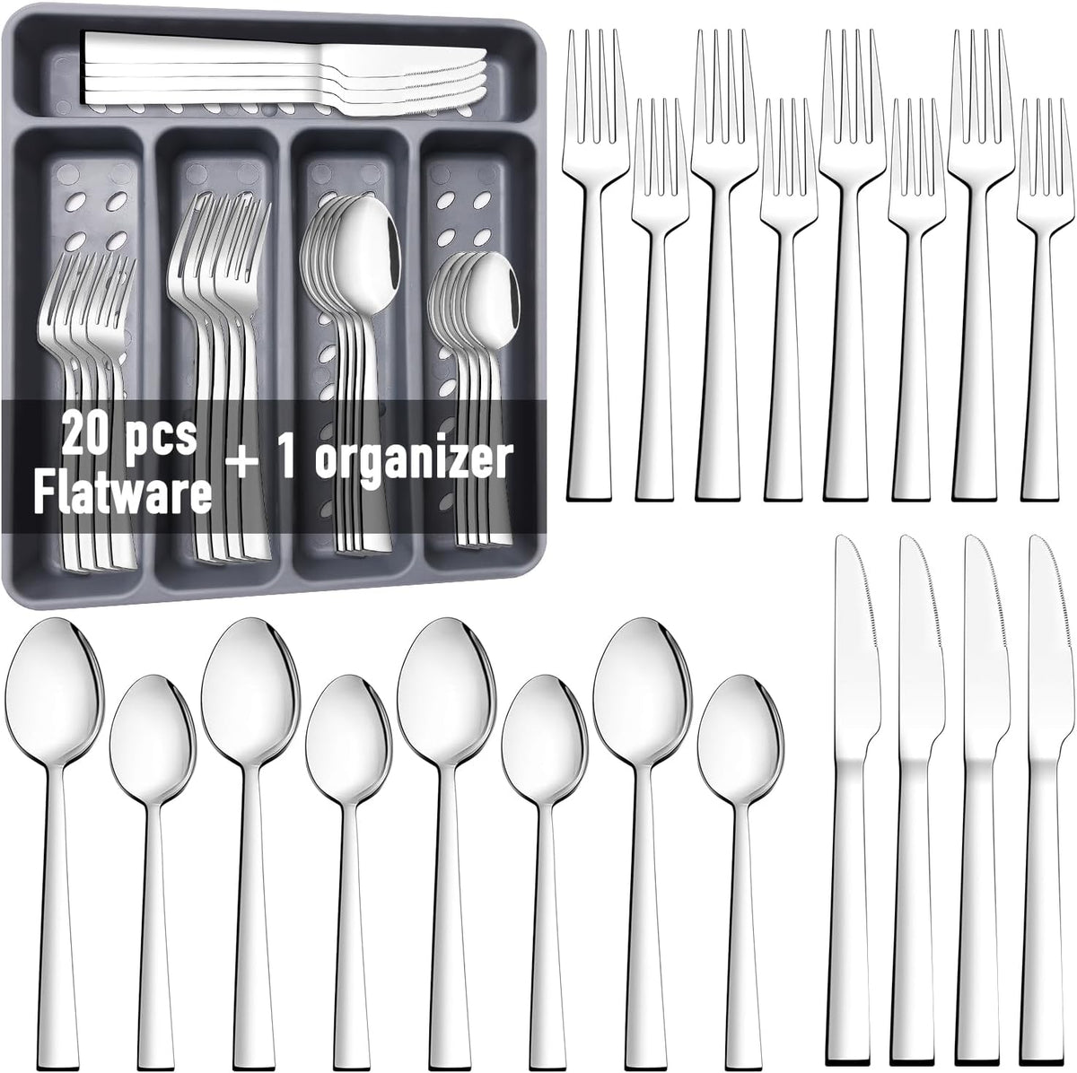 21 Pcs Kitchen Silverware Set with Organizer Tray Fork Spoon Knife Sets | Stainless Steel Cutlery Heavy Duty Silverware Set for 4 Flatware Tableware Eating Utensils Sets Forks Knives and Spoons Set
