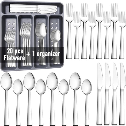 21 Pcs Kitchen Silverware Set with Organizer Tray Fork Spoon Knife Sets | Stainless Steel Cutlery Heavy Duty Silverware Set for 4 Flatware Tableware Eating Utensils Sets Forks Knives and Spoons Set