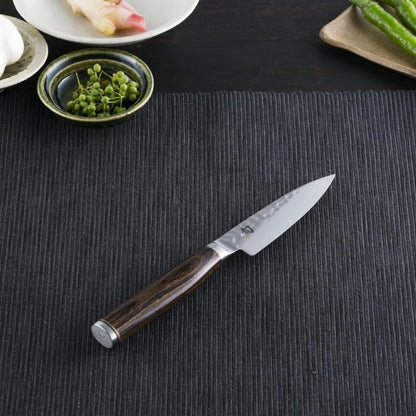 Premier 4" Paring Knife, Handcrafted Japanese Vegetable & Fruit Knife, VG-MAX Core with Damascus Stainless Steel Cladding, Pakkawood Handle, Small Tool for Peeling, Coring & Cutting