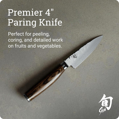 Premier 4" Paring Knife, Handcrafted Japanese Vegetable & Fruit Knife, VG-MAX Core with Damascus Stainless Steel Cladding, Pakkawood Handle, Small Tool for Peeling, Coring & Cutting