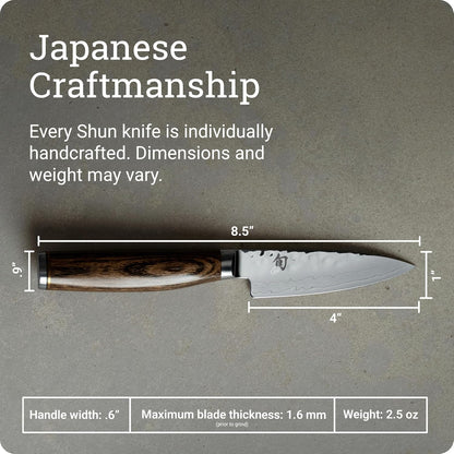 Premier 4" Paring Knife, Handcrafted Japanese Vegetable & Fruit Knife, VG-MAX Core with Damascus Stainless Steel Cladding, Pakkawood Handle, Small Tool for Peeling, Coring & Cutting