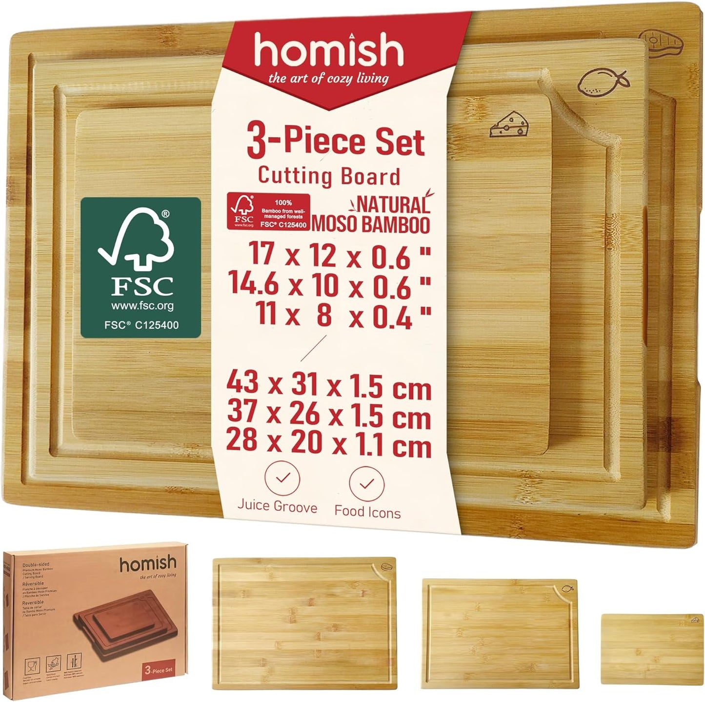 Bamboo Cutting Board for Kitchen - Wood Chopping & Charcuterie Board | Made with Moso Bamboo - Double Sided Pre Oiled (13.2" x 9.8" / 33.5 x 25 cm)