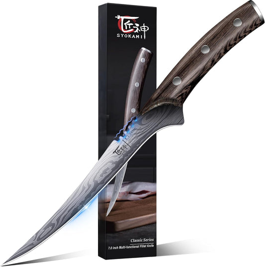 Fillet Knife, Razor Sharp 7.2 Inch Boning Knife, High Carbon Stainless Steel Filet Knives with High Flexibility, Wooden Handle, Full Tang Damascus Pattern Fishing Knives, Ideal Gift