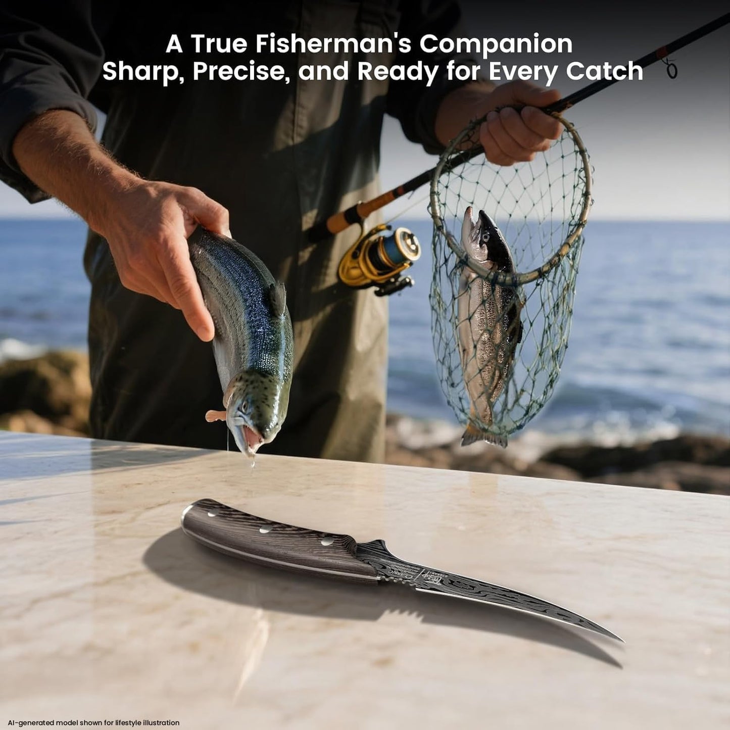 Fillet Knife, Razor Sharp 7.2 Inch Boning Knife, High Carbon Stainless Steel Filet Knives with High Flexibility, Wooden Handle, Full Tang Damascus Pattern Fishing Knives, Ideal Gift