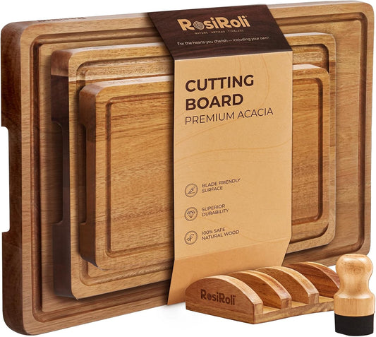 Acacia Wood Cutting Board Set of 3 for Kitchen — Non-Toxic, Kiln-Dried & Pre-Oiled 3x | Warp-Resistant Solid Acacia with Juice Groove, Handles & Anti-Slip Feets | Large Medium Small