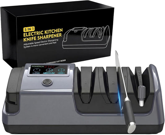 5-in-1 Electric Knife Sharpener for All Knives – Diamond Abrasive Sharpener with 3 Speeds & LCD Display | Sharpens Straight, Serrated, Kitchen Knives & Scissors | Automatic, Safe, Easy to Use (GERY)