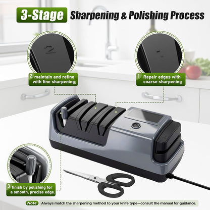 5-in-1 Electric Knife Sharpener for All Knives – Diamond Abrasive Sharpener with 3 Speeds & LCD Display | Sharpens Straight, Serrated, Kitchen Knives & Scissors | Automatic, Safe, Easy to Use (GERY)