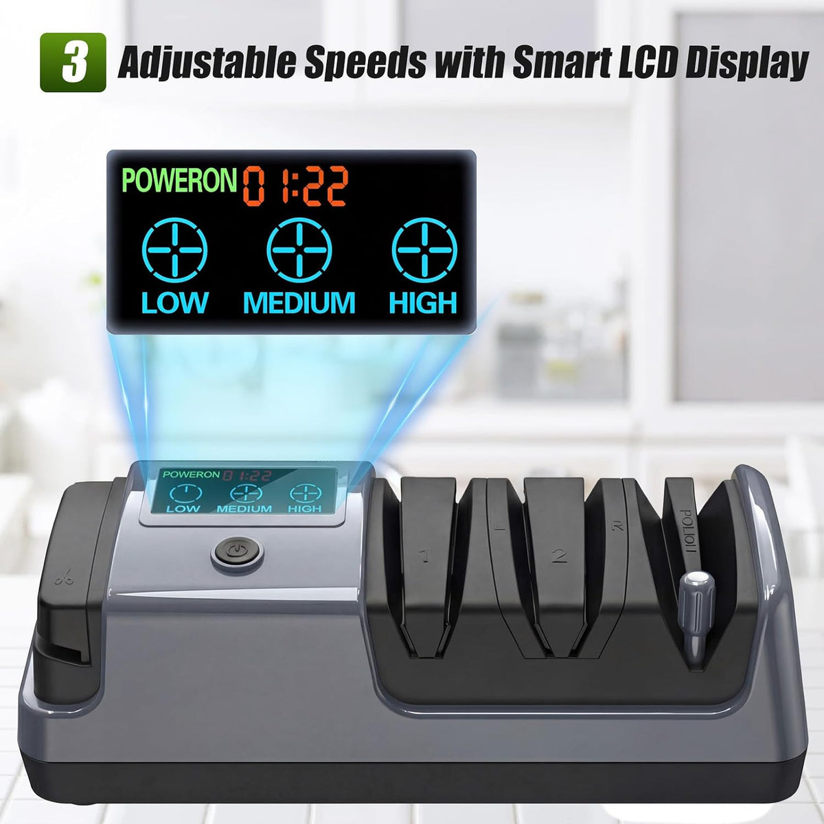5-in-1 Electric Knife Sharpener for All Knives – Diamond Abrasive Sharpener with 3 Speeds & LCD Display | Sharpens Straight, Serrated, Kitchen Knives & Scissors | Automatic, Safe, Easy to Use (GERY)