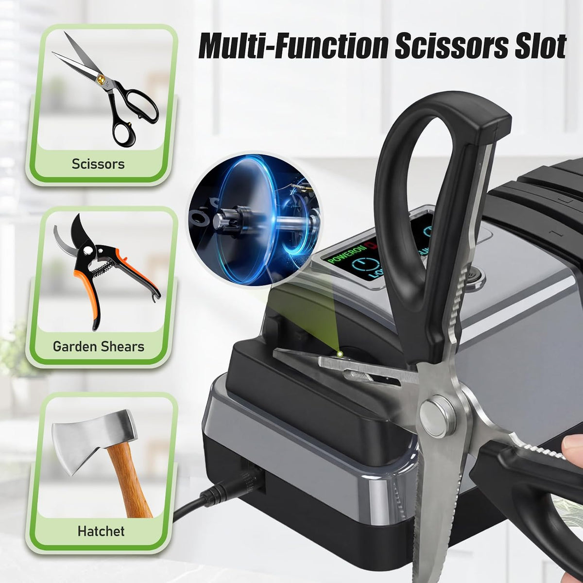 5-in-1 Electric Knife Sharpener for All Knives – Diamond Abrasive Sharpener with 3 Speeds & LCD Display | Sharpens Straight, Serrated, Kitchen Knives & Scissors | Automatic, Safe, Easy to Use (GERY)