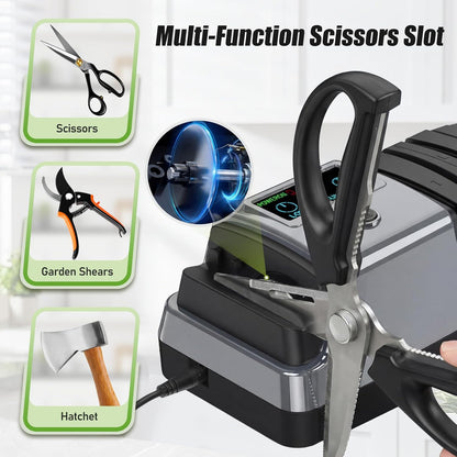5-in-1 Electric Knife Sharpener for All Knives – Diamond Abrasive Sharpener with 3 Speeds & LCD Display | Sharpens Straight, Serrated, Kitchen Knives & Scissors | Automatic, Safe, Easy to Use (GERY)