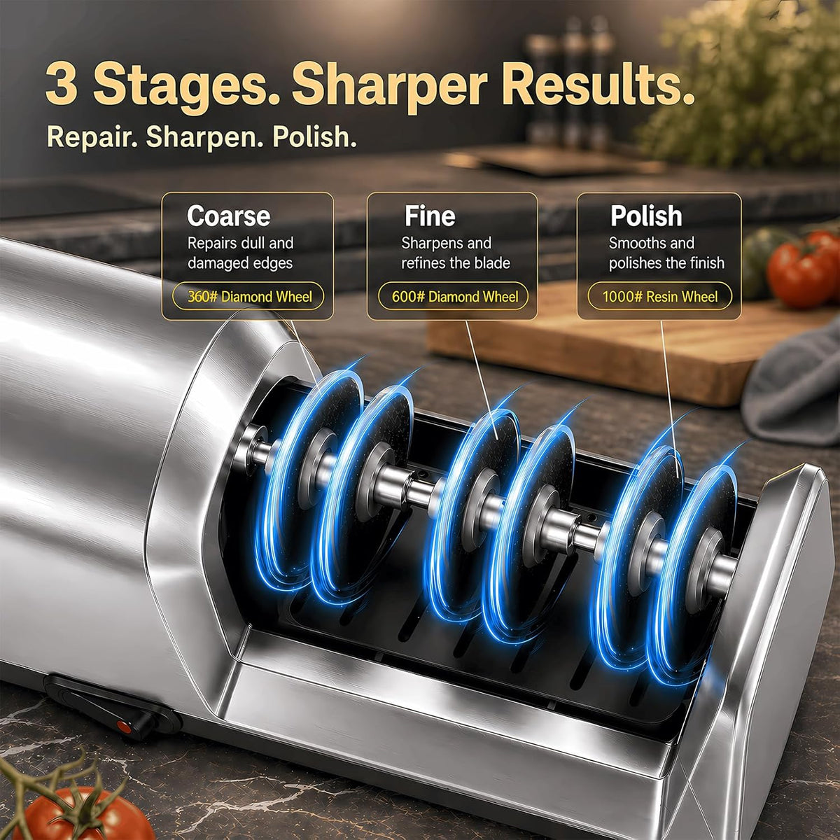 5-in-1 Electric Knife Sharpener for All Knives – Diamond Abrasive Sharpener with 3 Speeds & LCD Display | Sharpens Straight, Serrated, Kitchen Knives & Scissors | Automatic, Safe, Easy to Use (GERY)
