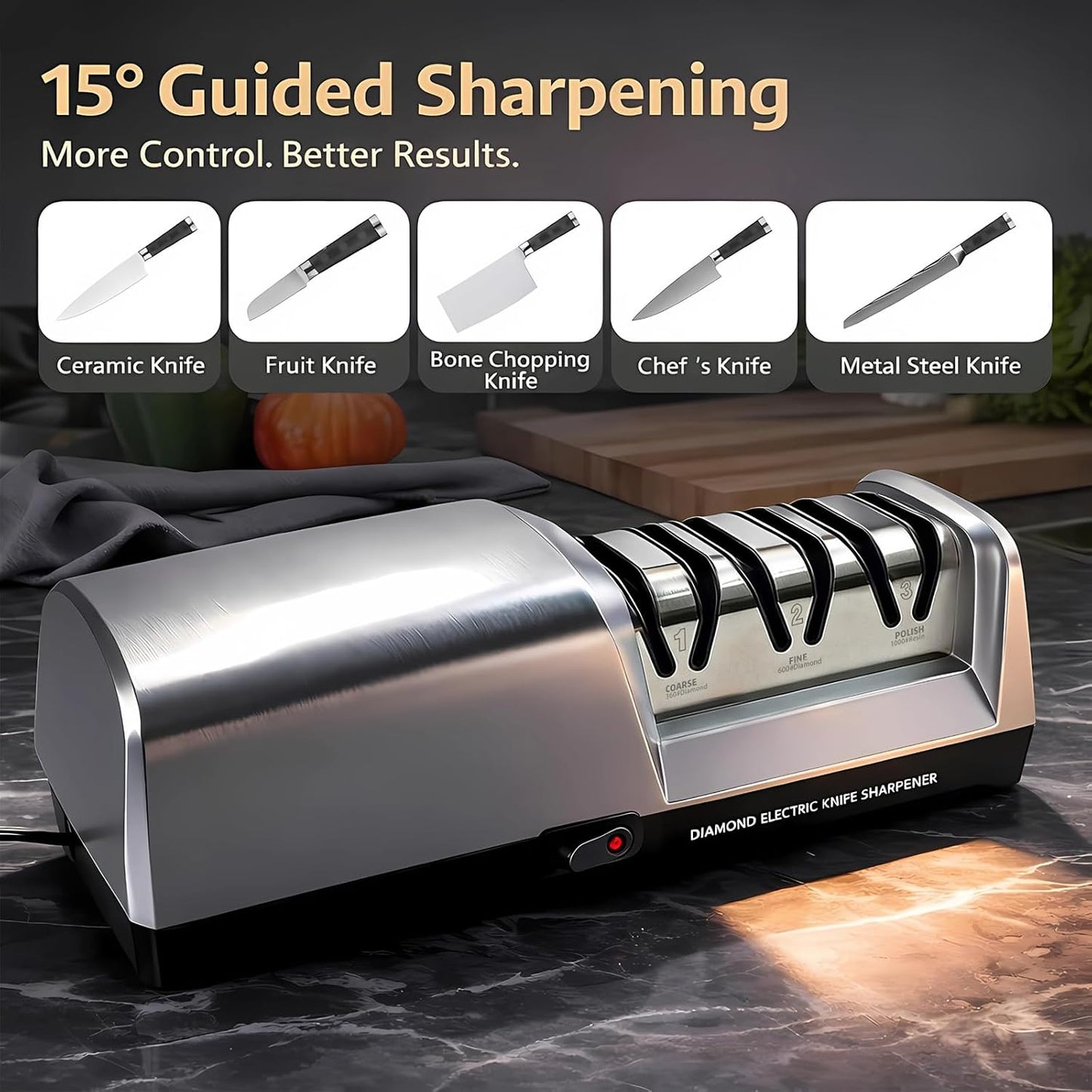 5-in-1 Electric Knife Sharpener for All Knives – Diamond Abrasive Sharpener with 3 Speeds & LCD Display | Sharpens Straight, Serrated, Kitchen Knives & Scissors | Automatic, Safe, Easy to Use (GERY)