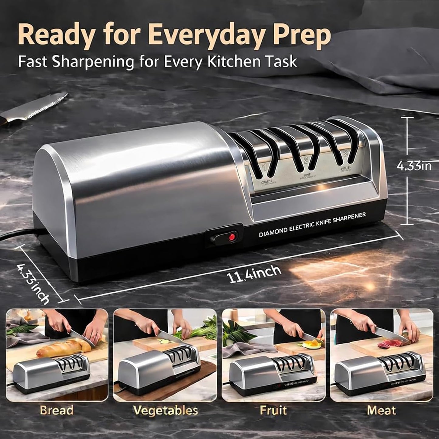 5-in-1 Electric Knife Sharpener for All Knives – Diamond Abrasive Sharpener with 3 Speeds & LCD Display | Sharpens Straight, Serrated, Kitchen Knives & Scissors | Automatic, Safe, Easy to Use (GERY)