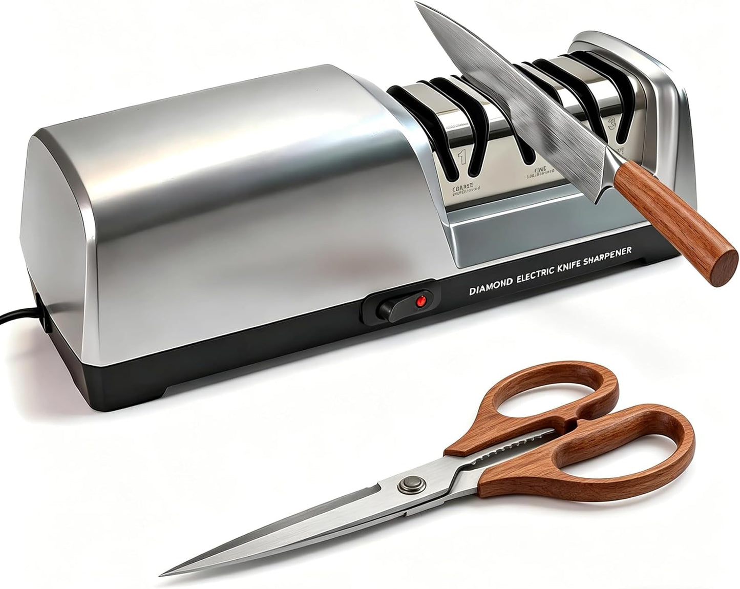 5-in-1 Electric Knife Sharpener for All Knives – Diamond Abrasive Sharpener with 3 Speeds & LCD Display | Sharpens Straight, Serrated, Kitchen Knives & Scissors | Automatic, Safe, Easy to Use (GERY)