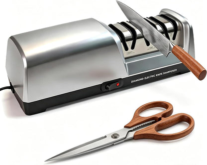 5-in-1 Electric Knife Sharpener for All Knives – Diamond Abrasive Sharpener with 3 Speeds & LCD Display | Sharpens Straight, Serrated, Kitchen Knives & Scissors | Automatic, Safe, Easy to Use (GERY)