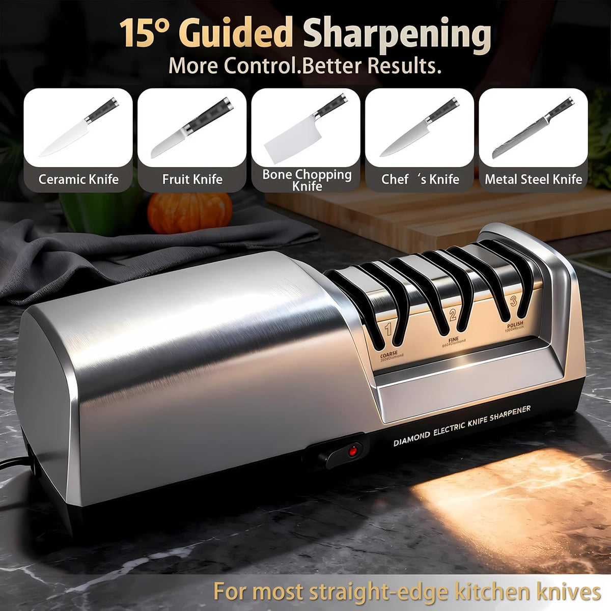 5-in-1 Electric Knife Sharpener for All Knives – Diamond Abrasive Sharpener with 3 Speeds & LCD Display | Sharpens Straight, Serrated, Kitchen Knives & Scissors | Automatic, Safe, Easy to Use (GERY)