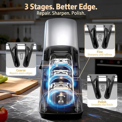 5-in-1 Electric Knife Sharpener for All Knives – Diamond Abrasive Sharpener with 3 Speeds & LCD Display | Sharpens Straight, Serrated, Kitchen Knives & Scissors | Automatic, Safe, Easy to Use (GERY)