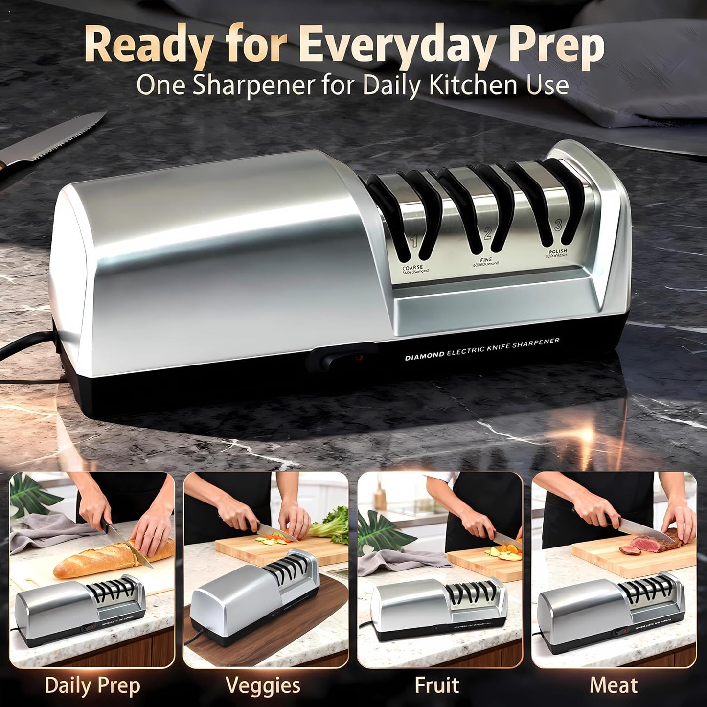 5-in-1 Electric Knife Sharpener for All Knives – Diamond Abrasive Sharpener with 3 Speeds & LCD Display | Sharpens Straight, Serrated, Kitchen Knives & Scissors | Automatic, Safe, Easy to Use (GERY)