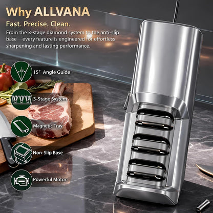 5-in-1 Electric Knife Sharpener for All Knives – Diamond Abrasive Sharpener with 3 Speeds & LCD Display | Sharpens Straight, Serrated, Kitchen Knives & Scissors | Automatic, Safe, Easy to Use (GERY)