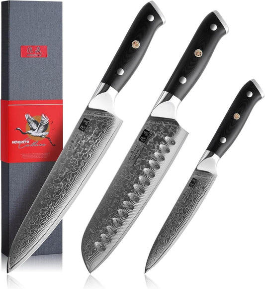 Damascus Knife Set, Japanese Super Steel 3 PCS Chef Knife Set, Damascus Stainless Steel Professional Ultra-Sharp Home Kitchen Knives with G10 Handle Gift Box