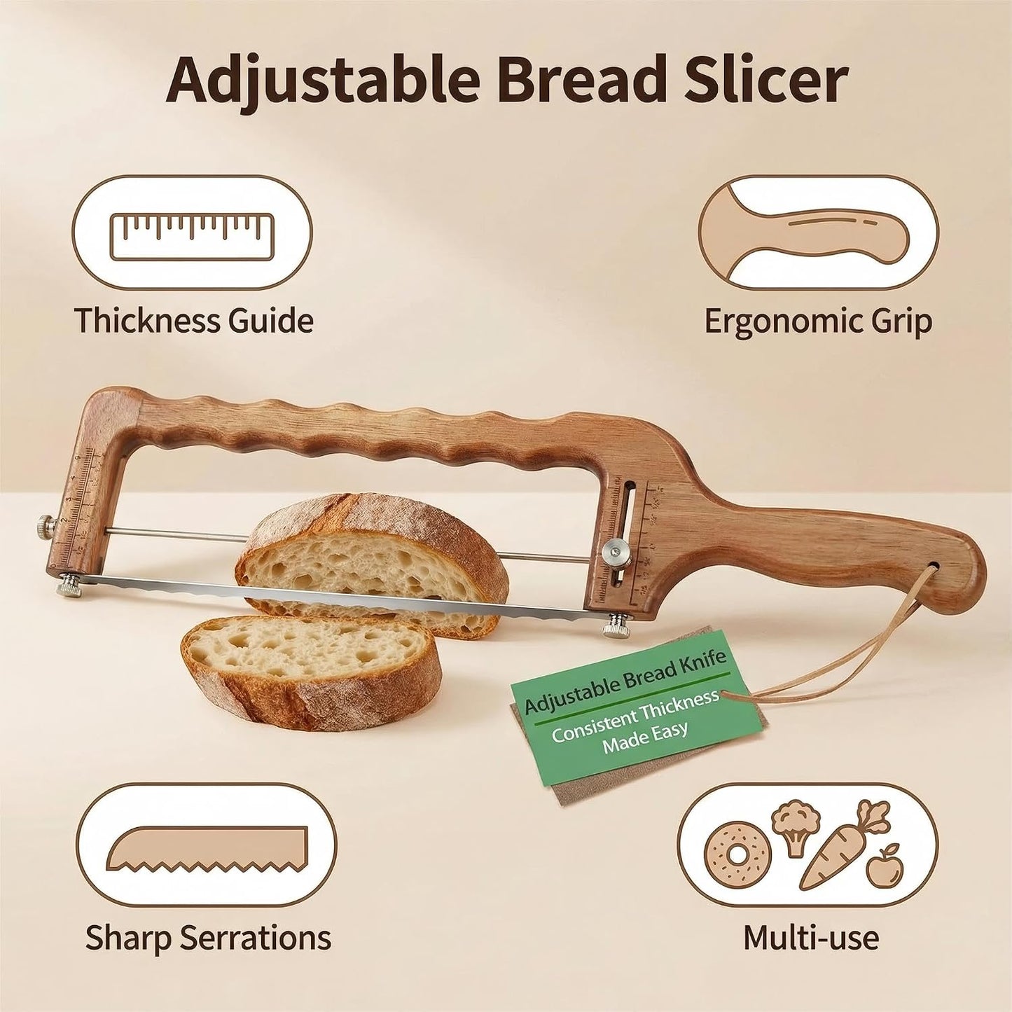 Bread Slicer for Homemade Bread, Adjustable Bread Knife with Thickness Guide (1/4"-2"), Serrated Stainless Steel Bread Cutter for Sourdough Loaves, Bagels & Cakes, Gift for Artisan Bakers