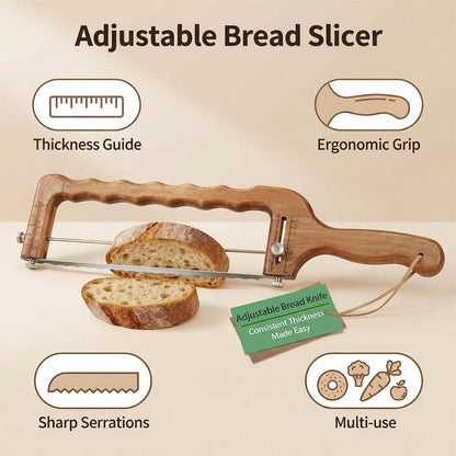 Bread Slicer for Homemade Bread, Adjustable Bread Knife with Thickness Guide (1/4"-2"), Serrated Stainless Steel Bread Cutter for Sourdough Loaves, Bagels & Cakes, Gift for Artisan Bakers