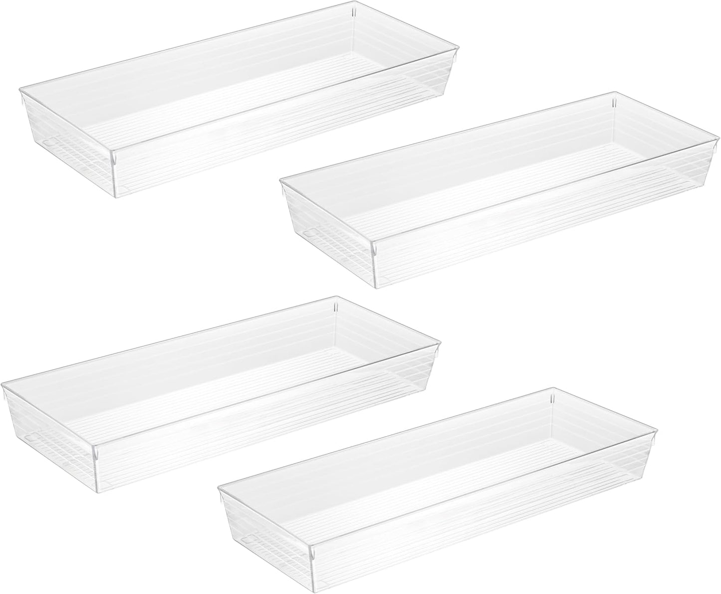 4 Pack Storage Bins For Bathroom Cosmetic Makeup Vanity Clear Plastic Desk Drawer Organizers Tray Kitchen Utensils Silverware Dividers 15"x6"x2"