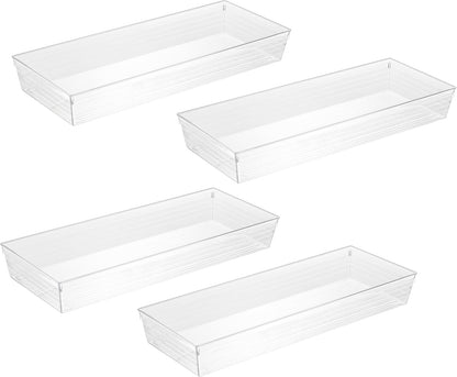 4 Pack Storage Bins For Bathroom Cosmetic Makeup Vanity Clear Plastic Desk Drawer Organizers Tray Kitchen Utensils Silverware Dividers 15"x6"x2"