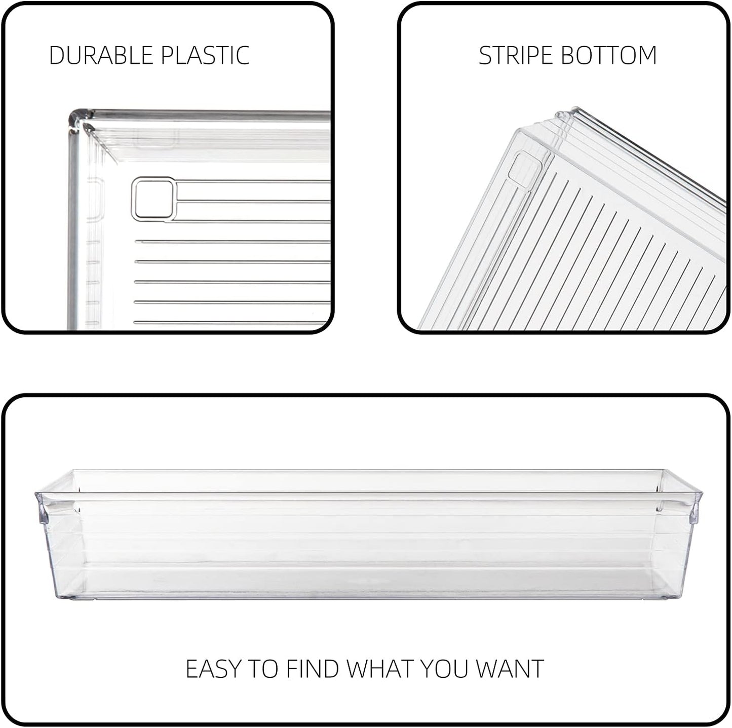 4 Pack Storage Bins For Bathroom Cosmetic Makeup Vanity Clear Plastic Desk Drawer Organizers Tray Kitchen Utensils Silverware Dividers 15"x6"x2"