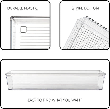 4 Pack Storage Bins For Bathroom Cosmetic Makeup Vanity Clear Plastic Desk Drawer Organizers Tray Kitchen Utensils Silverware Dividers 15"x6"x2"