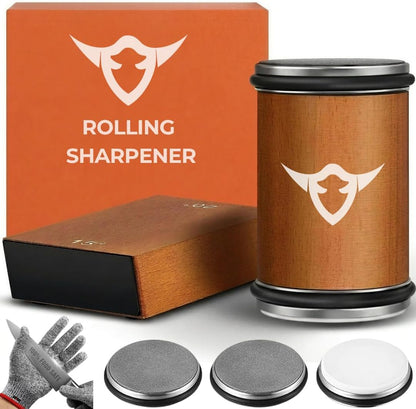 High Carbon Stainless Steel Rolling Knife Sharpener Kit | 400, 1000 & 3000 Grit Discs –15° & 20° Sharpening Angles | Professional & Home Kitchen Use | Restores Blunt Knives