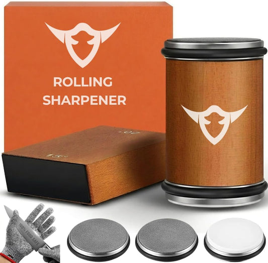 High Carbon Stainless Steel Rolling Knife Sharpener Kit | 400, 1000 & 3000 Grit Discs –15° & 20° Sharpening Angles | Professional & Home Kitchen Use | Restores Blunt Knives