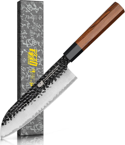 Japanese Santoku Knife 7 Inch, Multipurpose Japanese Chef Knife with High Carbon Steel Blade, Rosewood Octagonal Handle, for Meat, Fish, Fruits and Vegetables, Dynasty Series