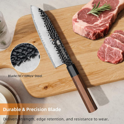 Japanese Santoku Knife 7 Inch, Multipurpose Japanese Chef Knife with High Carbon Steel Blade, Rosewood Octagonal Handle, for Meat, Fish, Fruits and Vegetables, Dynasty Series