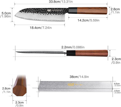 Japanese Santoku Knife 7 Inch, Multipurpose Japanese Chef Knife with High Carbon Steel Blade, Rosewood Octagonal Handle, for Meat, Fish, Fruits and Vegetables, Dynasty Series