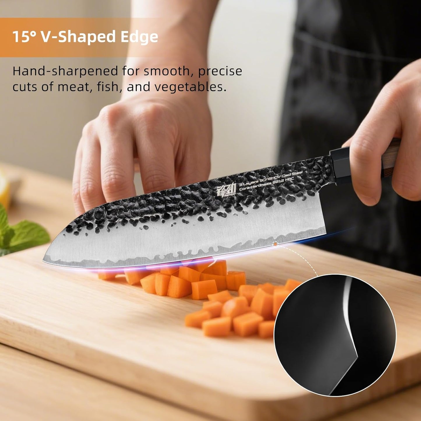 Japanese Santoku Knife 7 Inch, Multipurpose Japanese Chef Knife with High Carbon Steel Blade, Rosewood Octagonal Handle, for Meat, Fish, Fruits and Vegetables, Dynasty Series