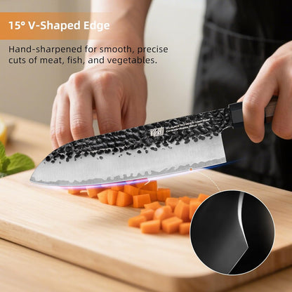 Japanese Santoku Knife 7 Inch, Multipurpose Japanese Chef Knife with High Carbon Steel Blade, Rosewood Octagonal Handle, for Meat, Fish, Fruits and Vegetables, Dynasty Series