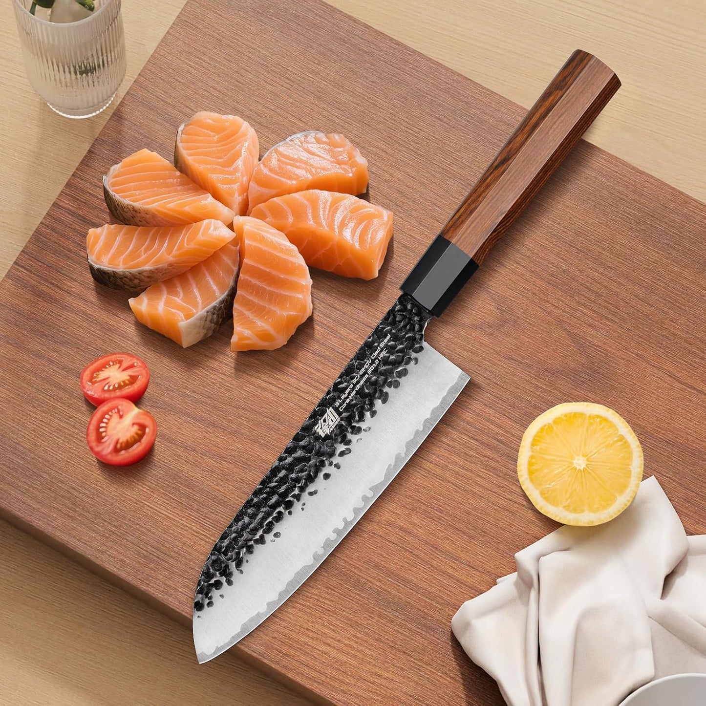 Japanese Santoku Knife 7 Inch, Multipurpose Japanese Chef Knife with High Carbon Steel Blade, Rosewood Octagonal Handle, for Meat, Fish, Fruits and Vegetables, Dynasty Series