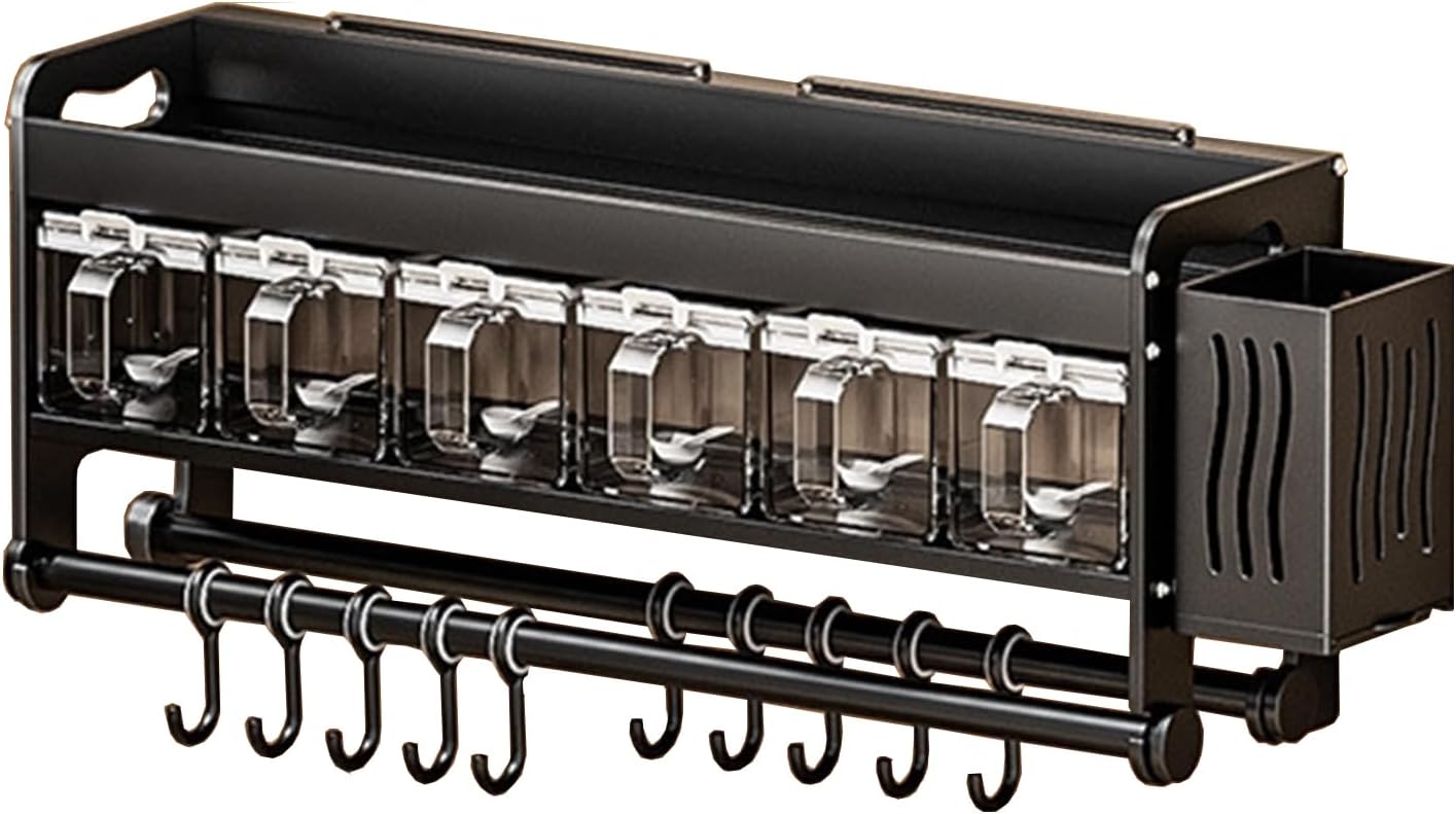 Hanging Wall Mount knife Wall Mount,Condiment Cup, Space-Saving Knife Rack with Hooks, Kitchen Organizer Storage Shelf for Utensils Spatula Spoon, Kitchen Utensil Hanger (Black, 48cm+6Cups+10Hooks)