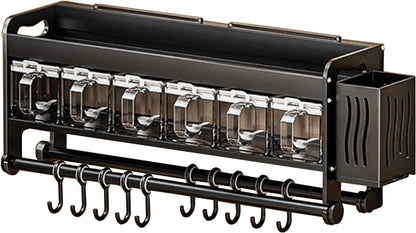 Hanging Wall Mount knife Wall Mount,Condiment Cup, Space-Saving Knife Rack with Hooks, Kitchen Organizer Storage Shelf for Utensils Spatula Spoon, Kitchen Utensil Hanger (Black, 48cm+6Cups+10Hooks)