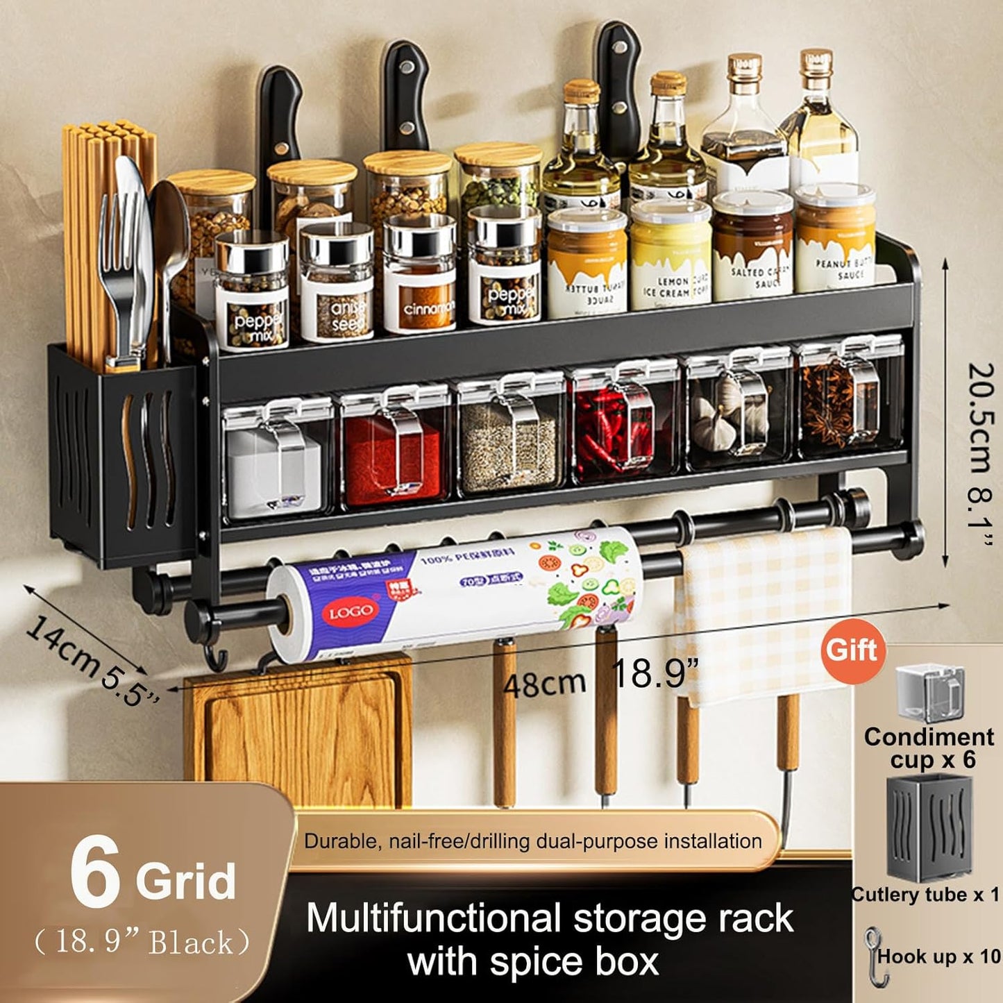 Hanging Wall Mount knife Wall Mount,Condiment Cup, Space-Saving Knife Rack with Hooks, Kitchen Organizer Storage Shelf for Utensils Spatula Spoon, Kitchen Utensil Hanger (Black, 48cm+6Cups+10Hooks)